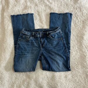 H&M Dark Wash Mid-Rise Flare Jeans | Raw Hem Flare Leg Denim